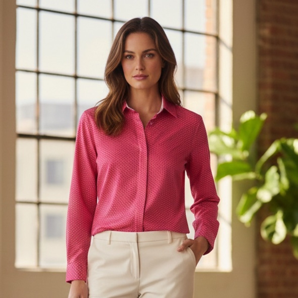 Talbots Pink Geometric Non-Iron Blouse Sleek Hidden Placket Long Sleeve Size 10
